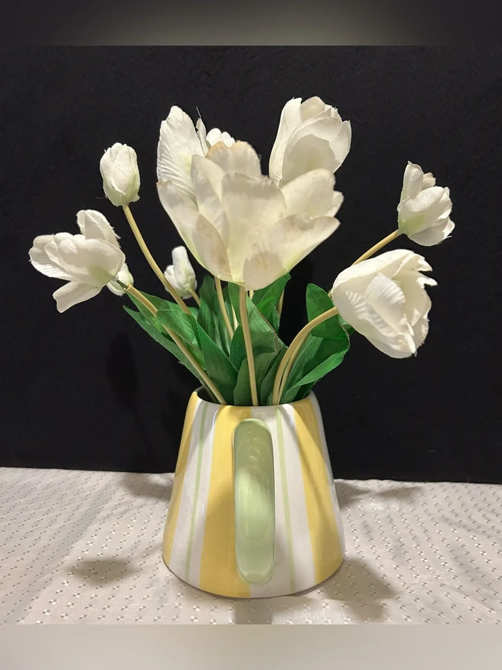 White Yellow And Green Striped Ceramic Watering Can Vase With Faux Tulips